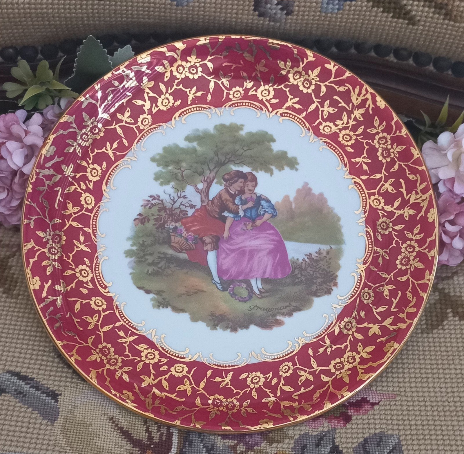 Mooi brocant wandbordje, rood/goud, barok afbeelding,Bavaria, Ophalen of Verzenden