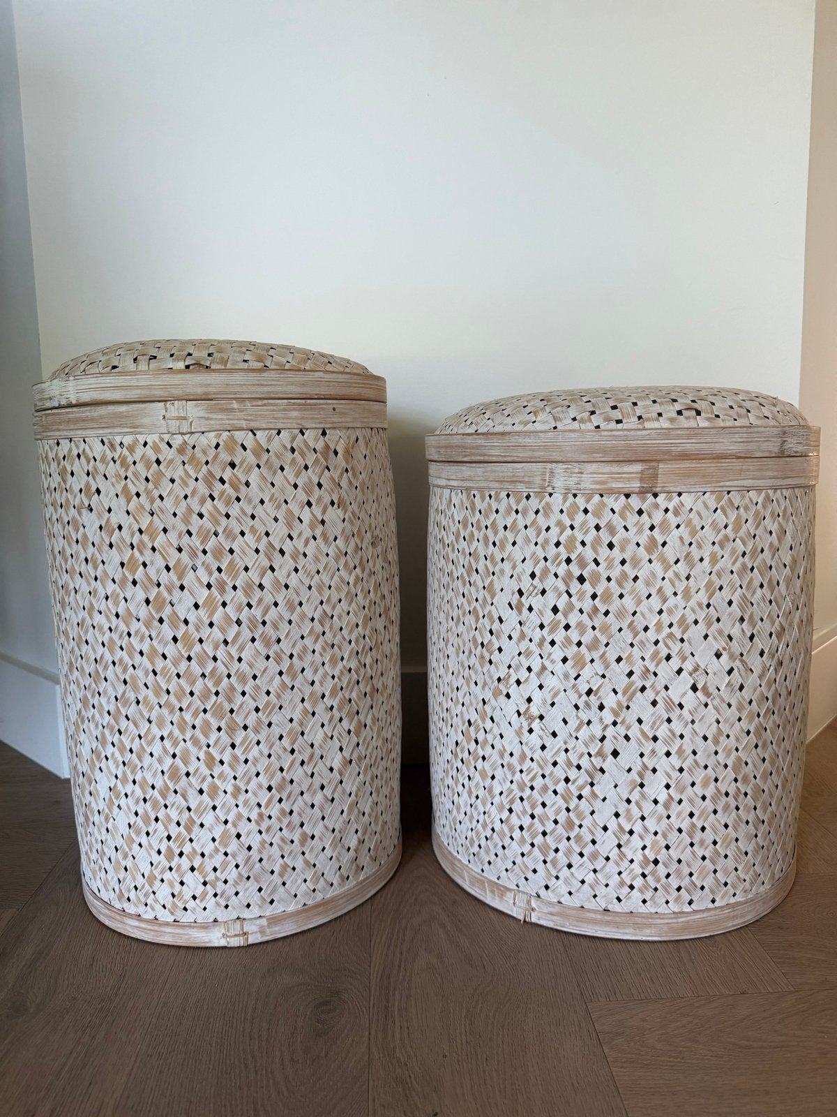 Set van 2 bamboe manden met deksel - Boho stijl, Ophalen, Beige, Boho, Zo goed als nieuw
