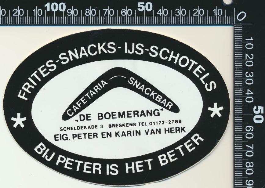 Sticker: Cafetaria Snackbar De Boemerang - Breskens, Ophalen of Verzenden, Zo goed als nieuw, Bedrijf of Vereniging