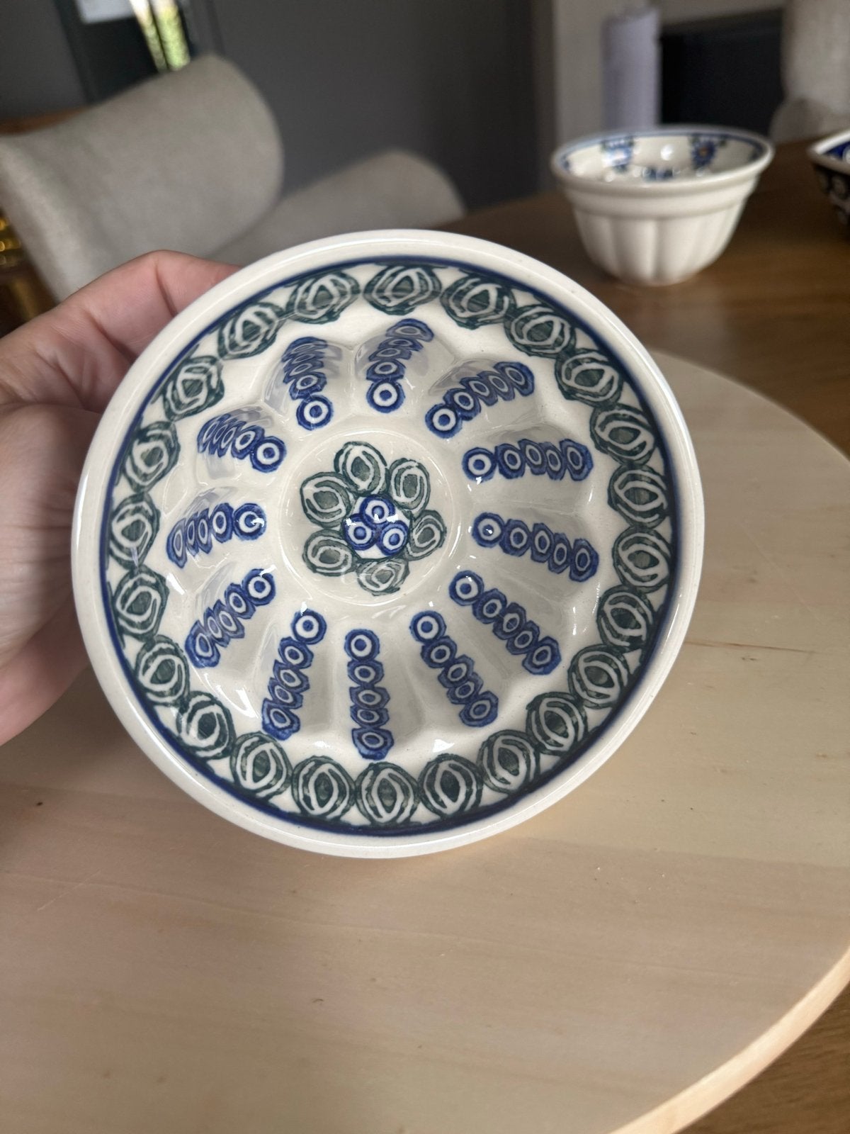 Vintage Boleslawiec puddingvorm met blauw/groen patroon, Ophalen of Verzenden