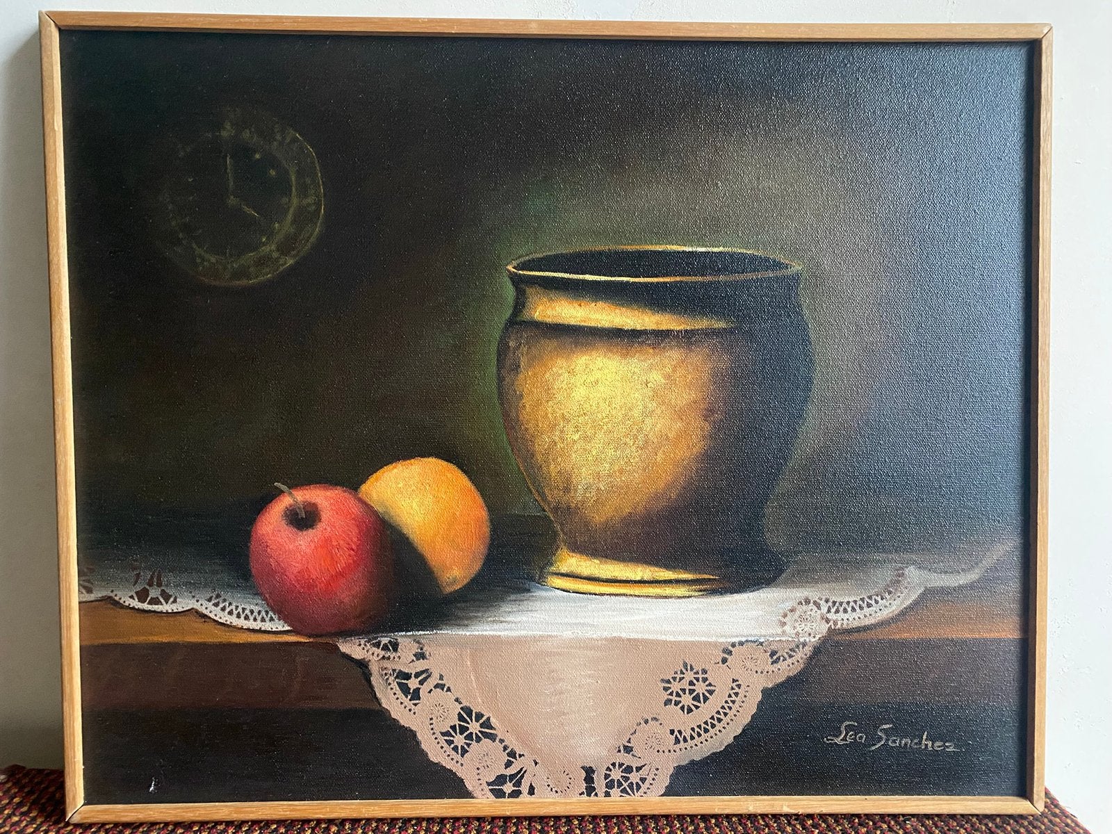 Stilleven met pot, fruit en kanten tafelkleed, Ophalen of Verzenden