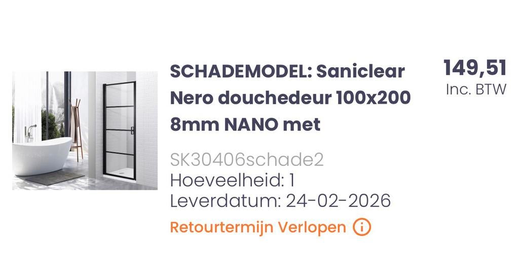 Saniclear Nero douchedeur 100x200 (nieuw, niet passend), Ophalen, 100 tot 150 cm, Overige typen, Nieuw