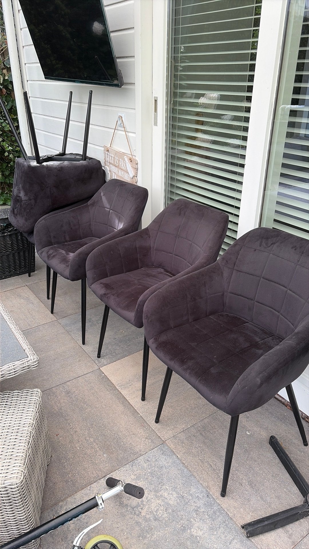 Lederen bankstel en 5 velfet zwarte stoelen, Huis en Inrichting, Stoelen, Ophalen, Gebruikt, Zwart, Leer