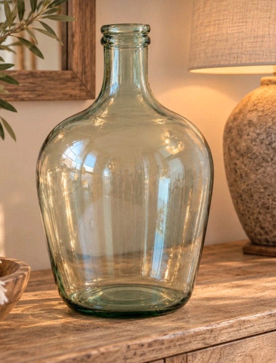 Grote glazen decoratiefles 40 cm | Groenblauw | Brocante vaa, Huis en Inrichting, Transparant, Ophalen of Verzenden, 40 cm, Glas