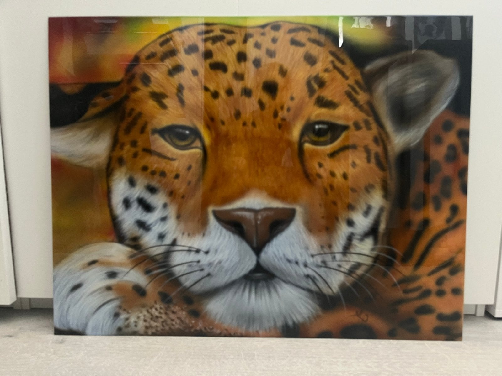 Mooie panter op aluminium plaat afgelakt 60x76 cm, Ophalen, Metaal, Gelakt/vernis, Dieren