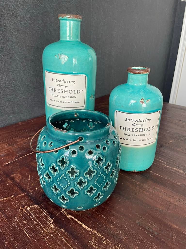 Leuke set met windlicht en flessen, Vintage, Gebruikt, Meerkleurig, Ophalen of Verzenden