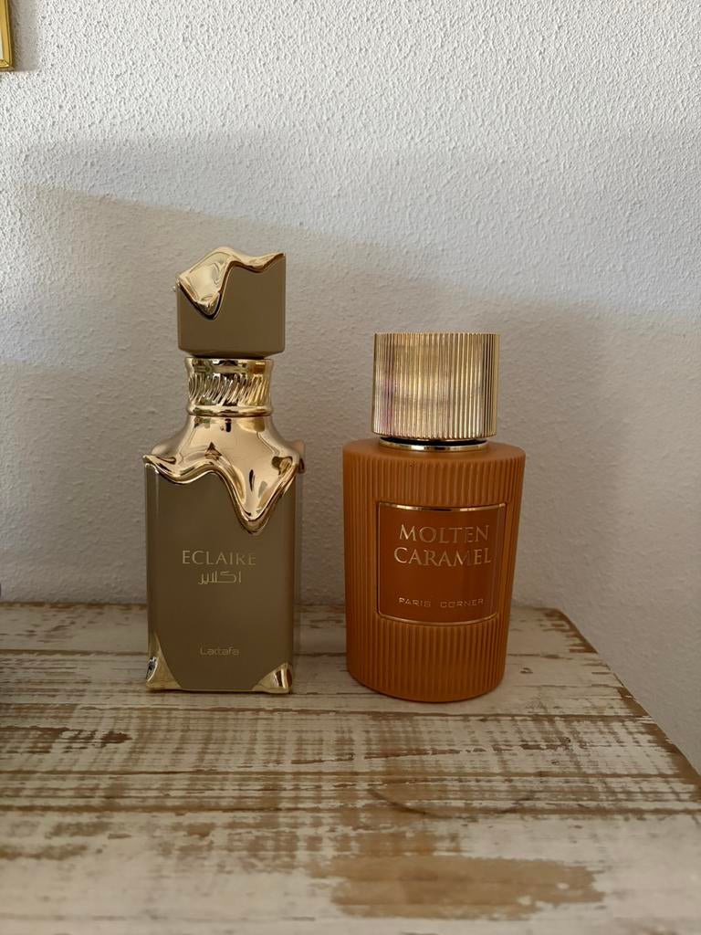 Lattafa Eclaire & Paris Corner Molten Caramel, Ophalen of Verzenden, Zo goed als nieuw, Parfumfles