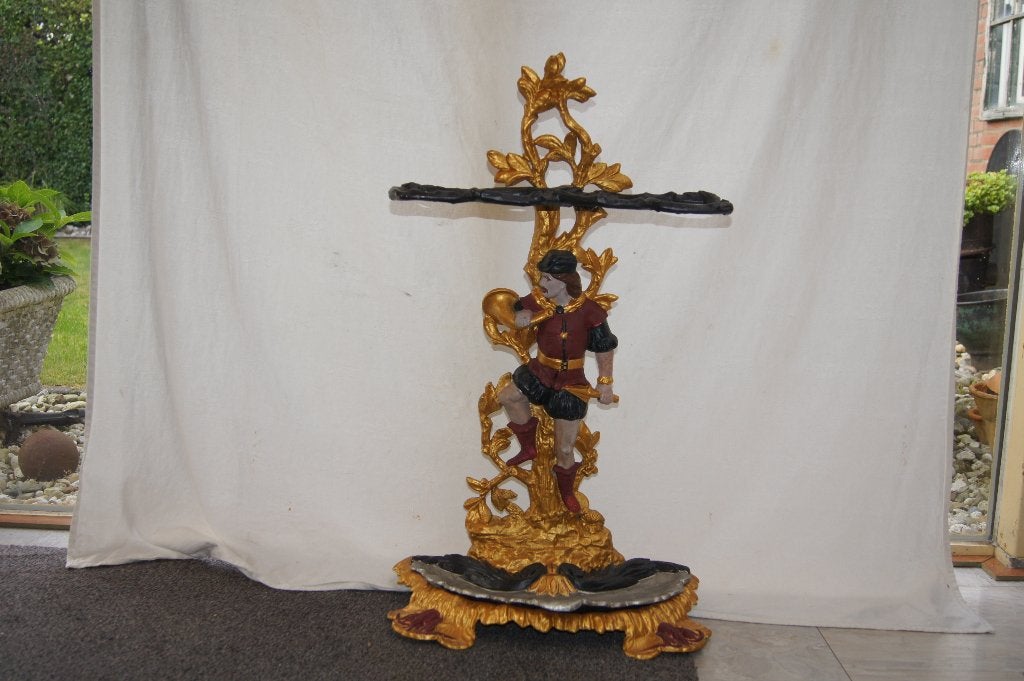 Antieke gietijzeren paraplubak met jagerfiguur, Ophalen of Verzenden