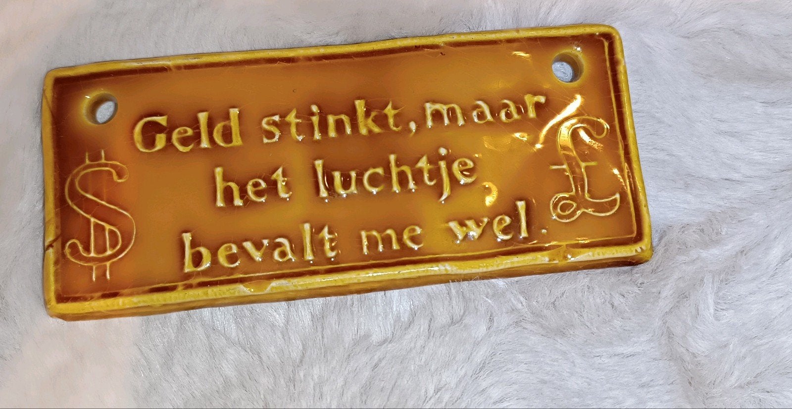 Vintage Keramisch Spreukenbord – Geld Stinkt Maar..., Ophalen of Verzenden