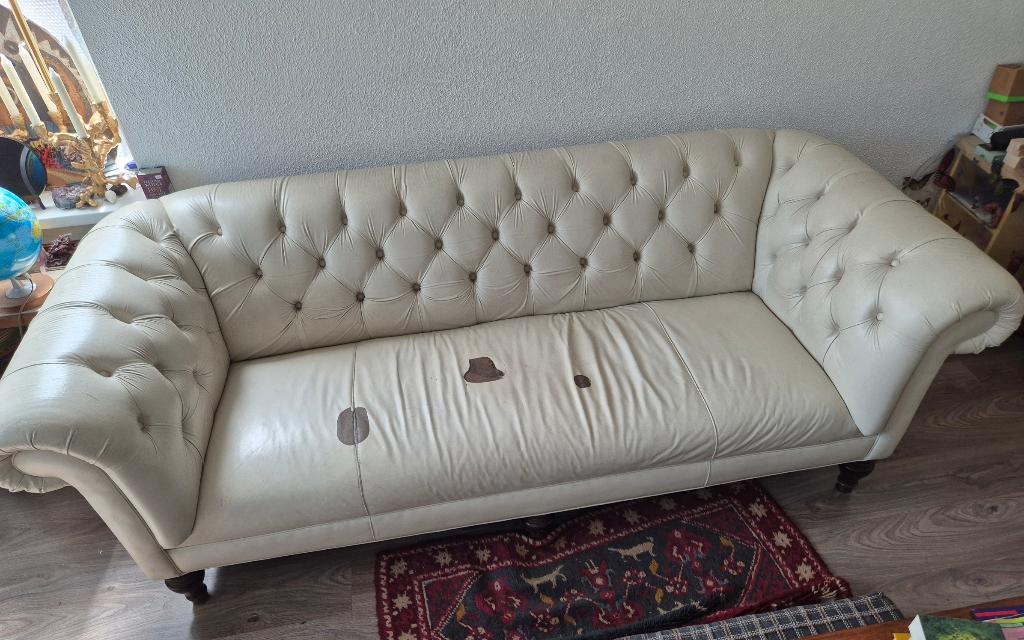 Chesterfield bank wit leer, Ophalen, Gebruikt, Chesterfield, Driepersoons