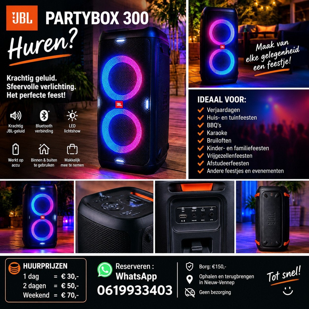 JBL PARTYBOX 300 HUREN€30/DAG  FEESTSPEAKER|NIEUW-VENNEP, JBL, Party speaker, Inclusief kabels, Zo goed als nieuw