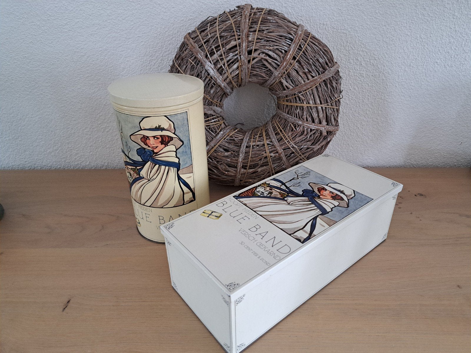 Vintage Blue Band blikken: Beschuitbus en Koekblik prijs pst, Verzamelen, Blikken, Ophalen of Verzenden, Gebruikt, Koek(jes), Overige merken