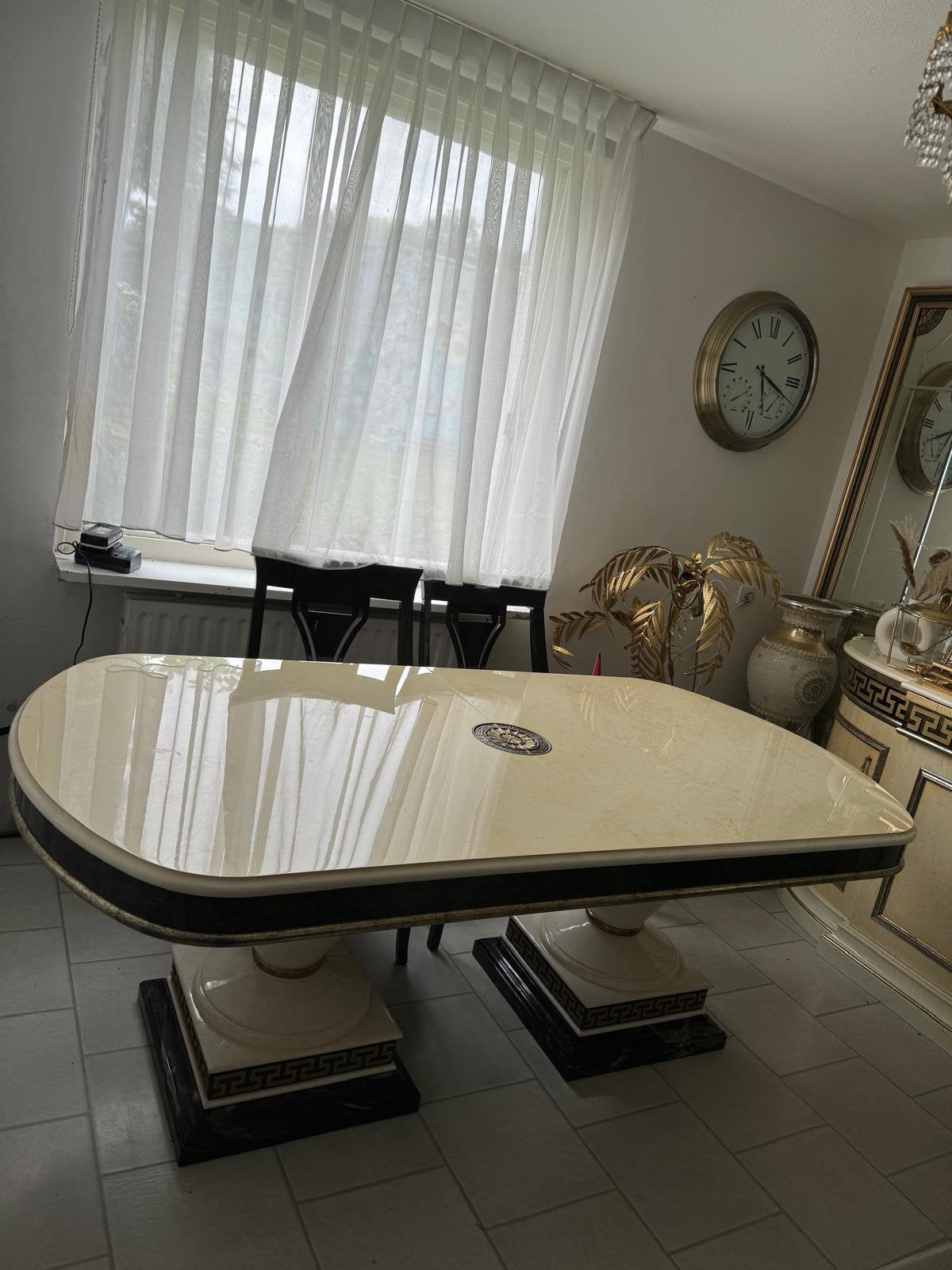 Luxe klassieke eettafel + dressoir met spiegel – crème/goud, Ophalen, Overige materialen, Met lade(s), 150 tot 200 cm