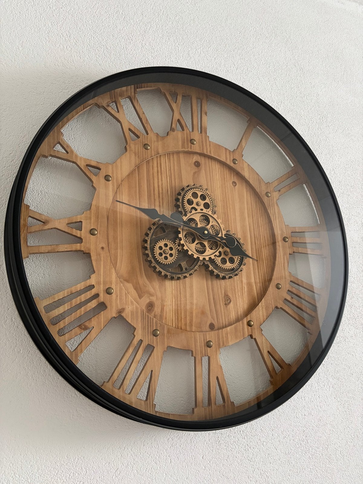 Grote wandklok met zichtbaar uurwerk - Hout en metaal, Ophalen, Wandklok, Bruin, Analoog