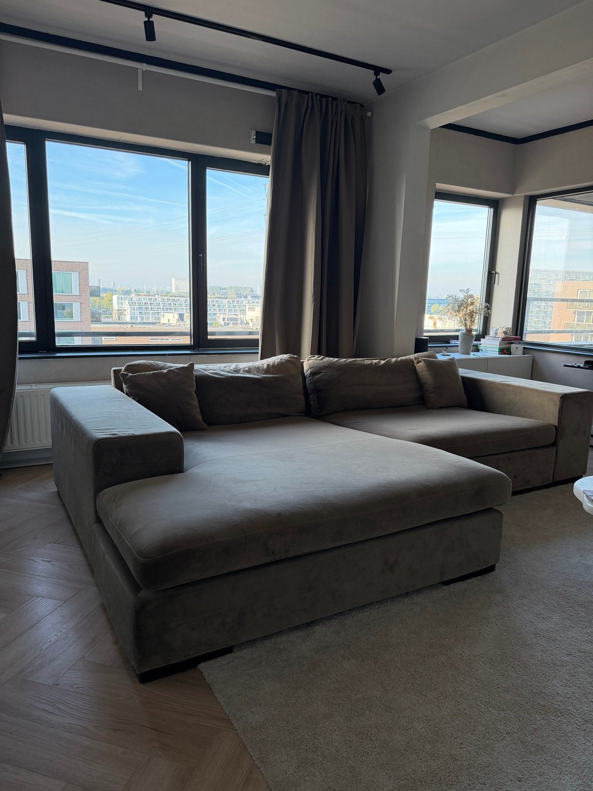 Ruime taupe loungebank, wasbaar, 310cm breed, Ophalen, Gebruikt, Hoekbank, 300 cm of meer