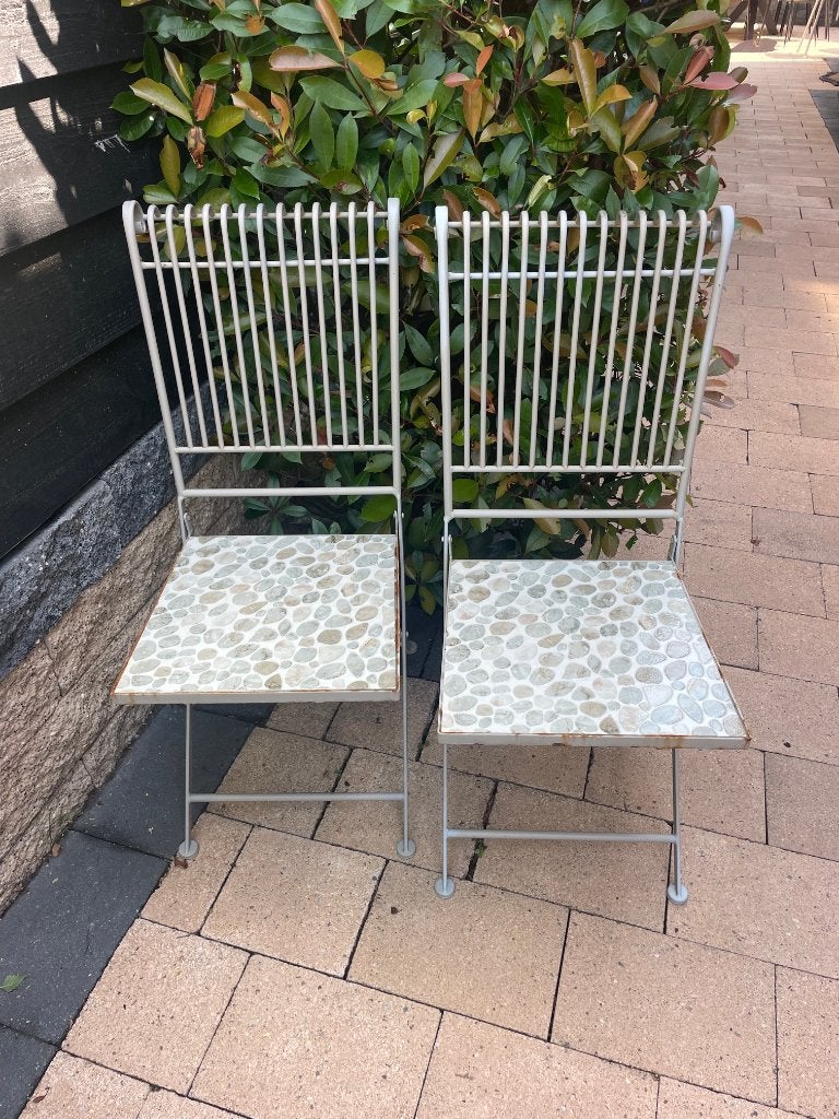 Bistro stoelen metaal met natuursteen (2 stuks), Tuin en Terras, Tuinstoelen, Ophalen, Zo goed als nieuw, Metaal, Inklapbaar