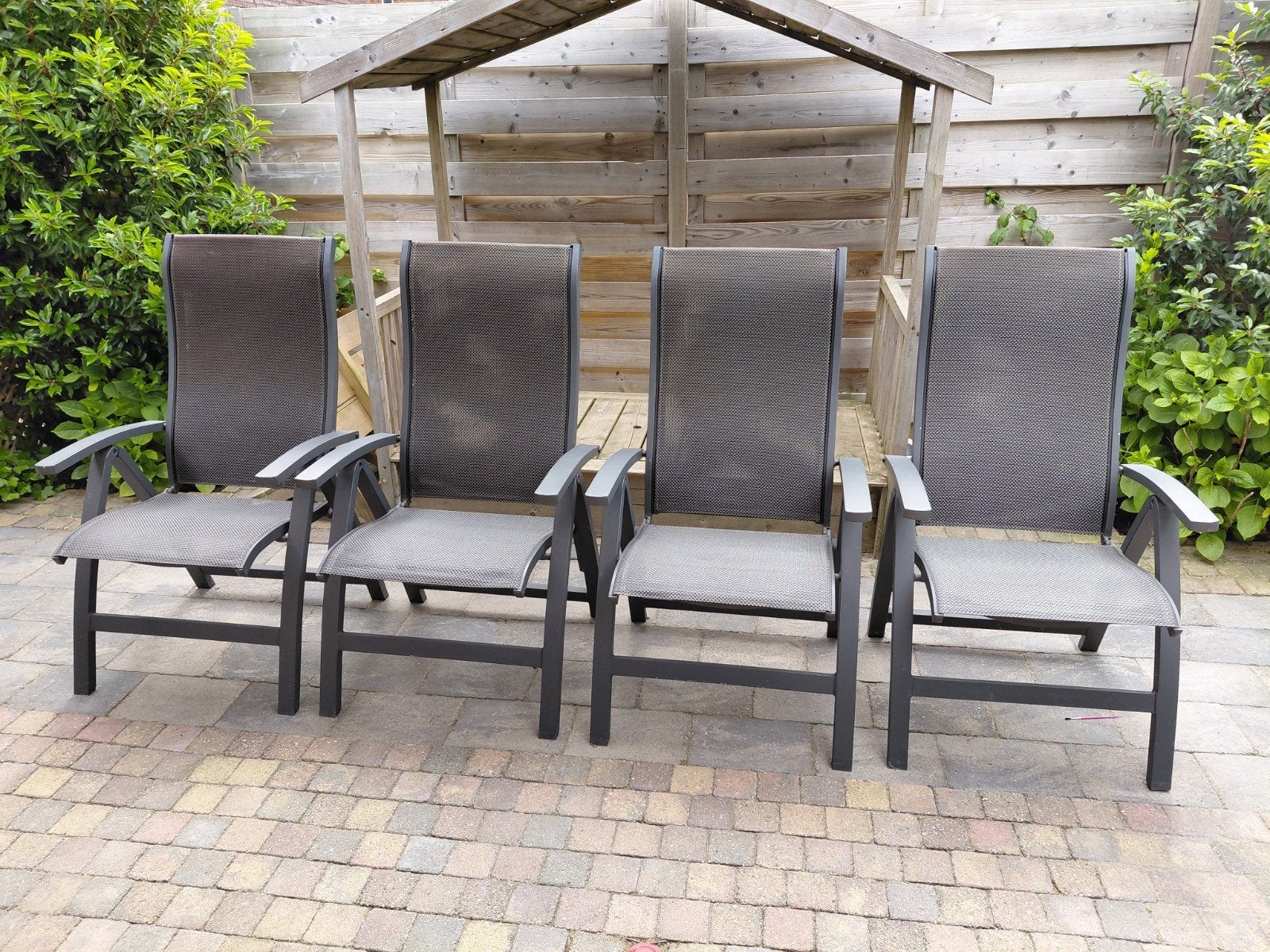 4 Presto! tuinstoelen met Hartman kussens, Tuin en Terras, Tuinstoelen, Zo goed als nieuw, Aluminium, Ophalen
