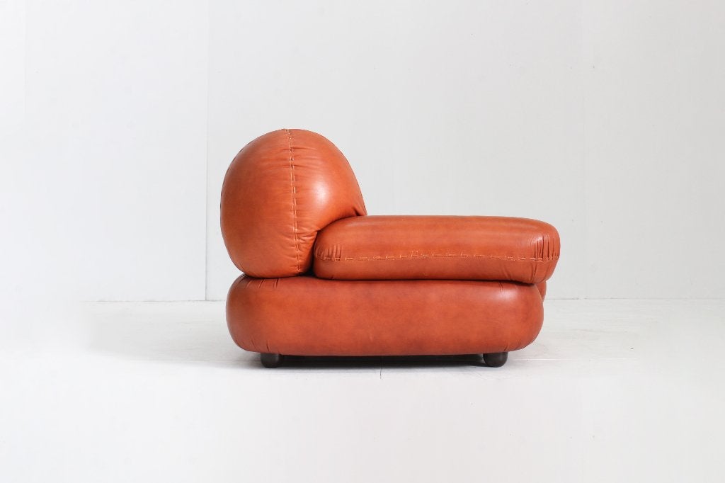 Vintage Sapporo cognac leren design fauteuil Mobil Girgi, Ophalen, Gebruikt, 100 tot 125 cm, Vintage