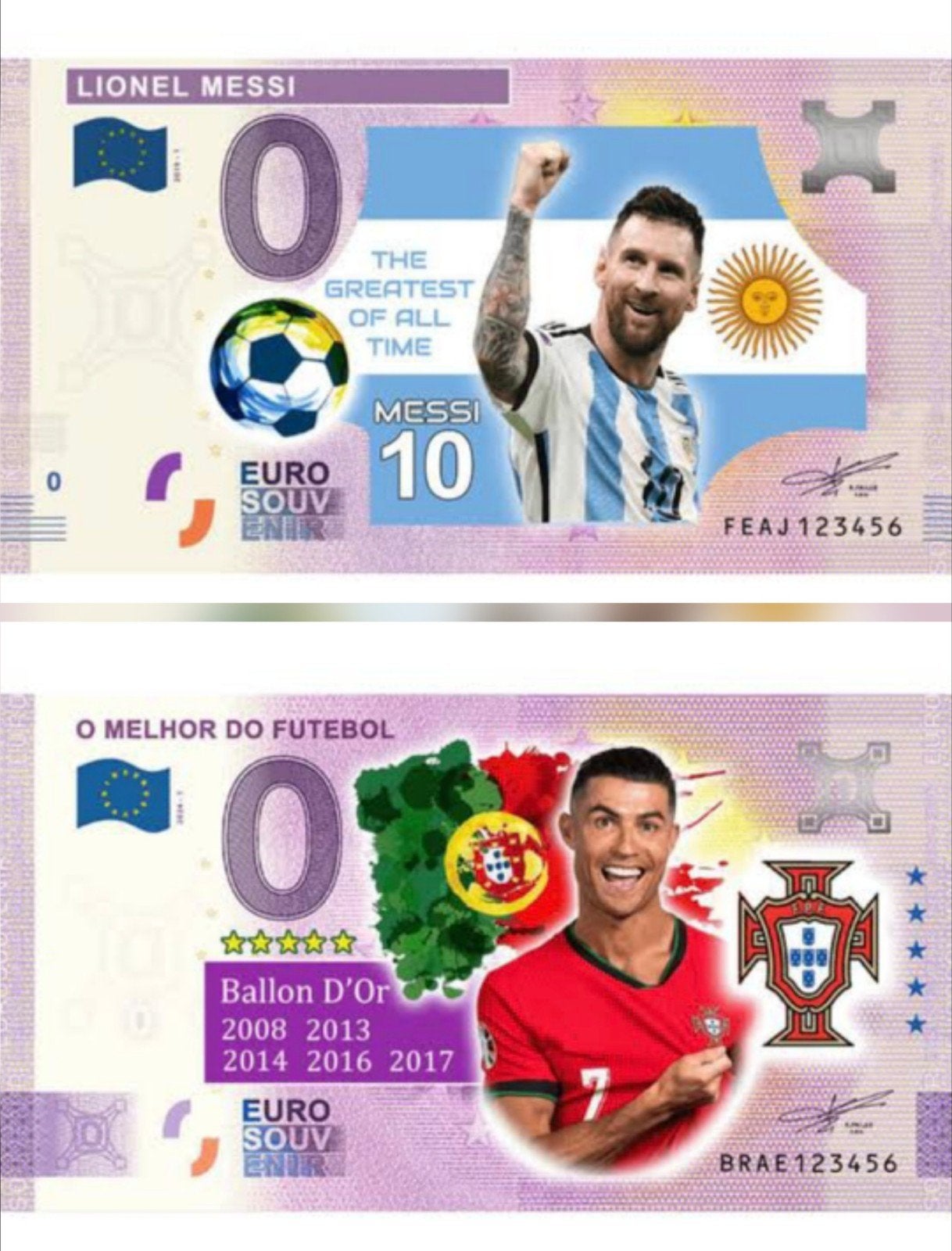 0 Euro Souvenir Biljet Messi&Ronaldo in Kleur, Postzegels en Munten, Bankbiljetten | Europa | Eurobiljetten, Ophalen of Verzenden