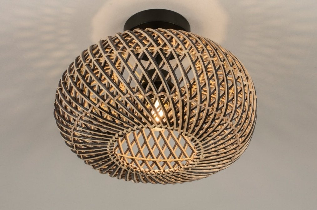 plafondlamp zwart bamboe riet 30cm salon tafel bed hal lamp, Ophalen of Verzenden, Nieuw