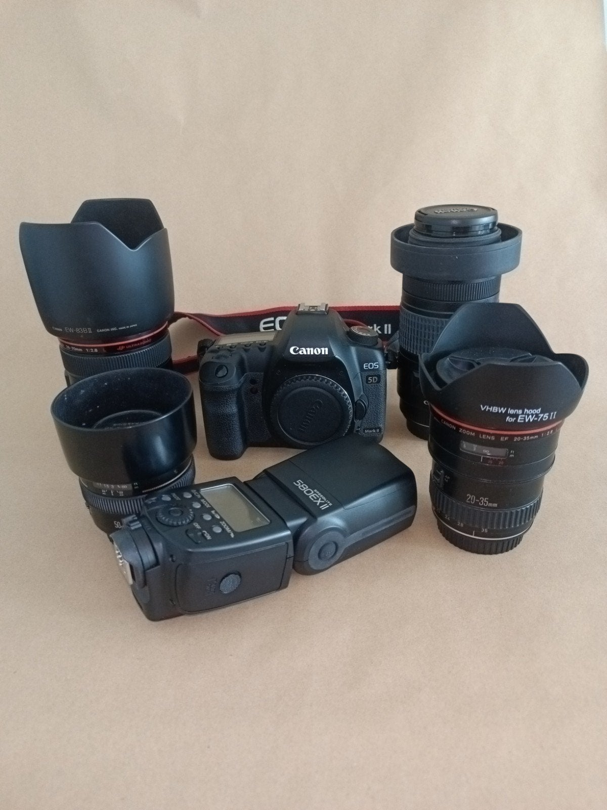 Canon EOS 5D Mark II en 4 objectieven en overige toebehoren, Gebruikt, Spiegelreflex, Canon, Ingebouwde flitser