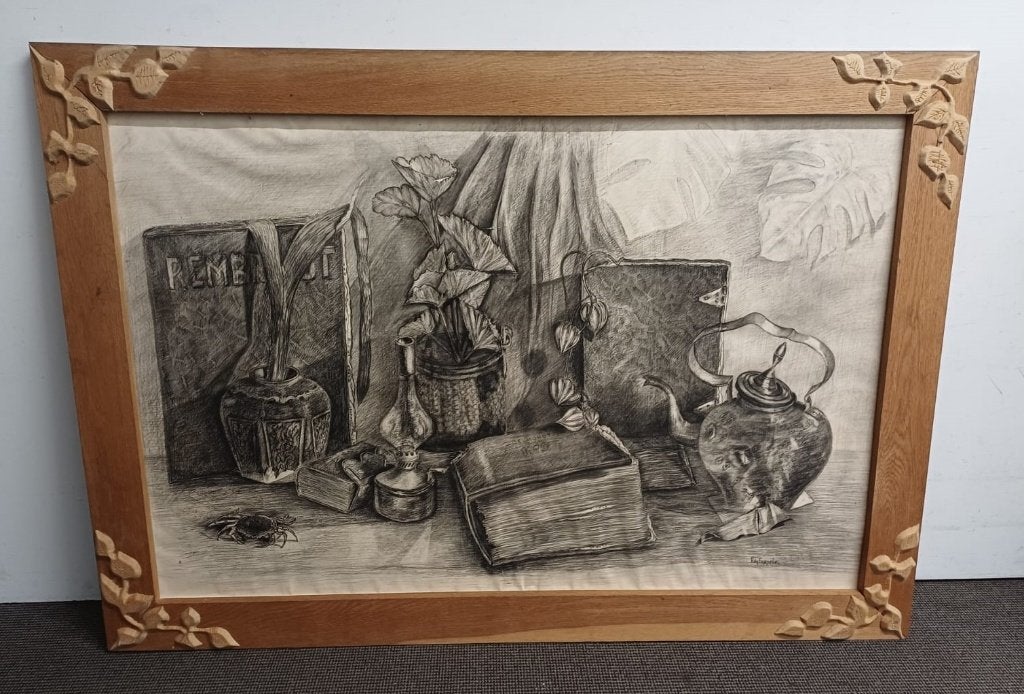 Schilderij met ets & houten lijst met bloemen, Ophalen, 102 cm, 143 cm, Ets