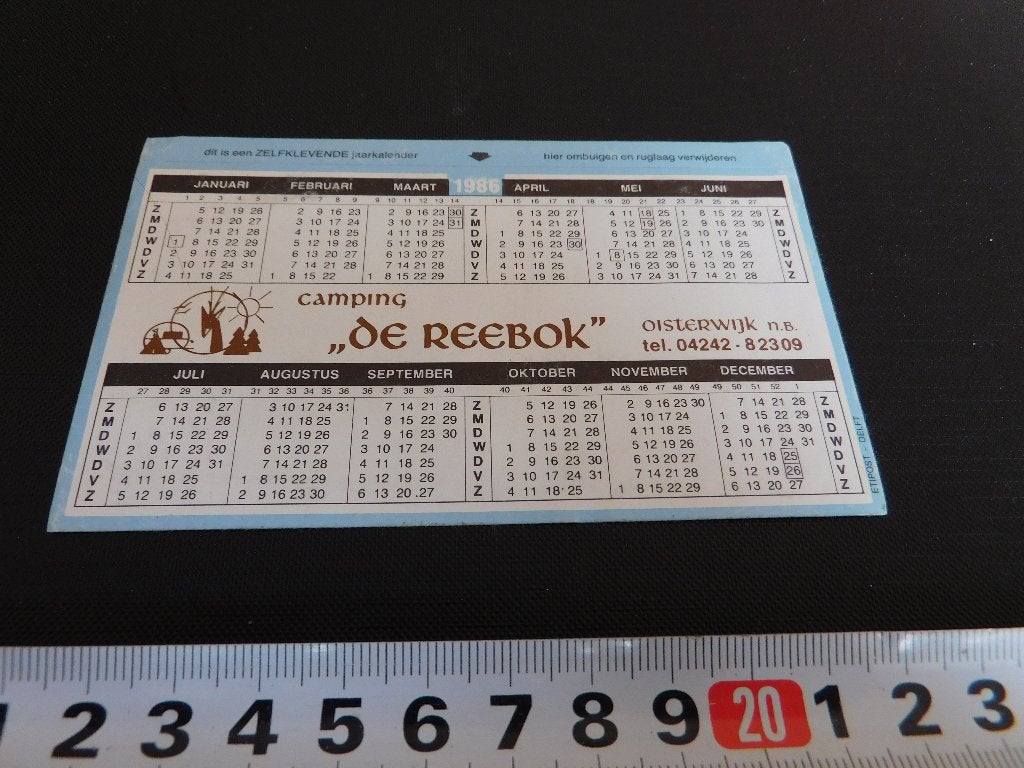 sticker Kalender 1986 Oisterwijk Camping DE REEBOK, Ophalen, Zo goed als nieuw