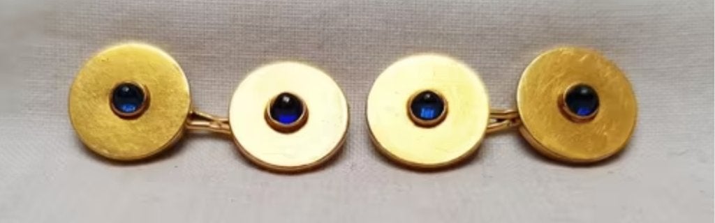 Paar manchetknopen Art Deco 18kt saffier., Ophalen of Verzenden, Goud, Manchetknopen, Met edelsteen