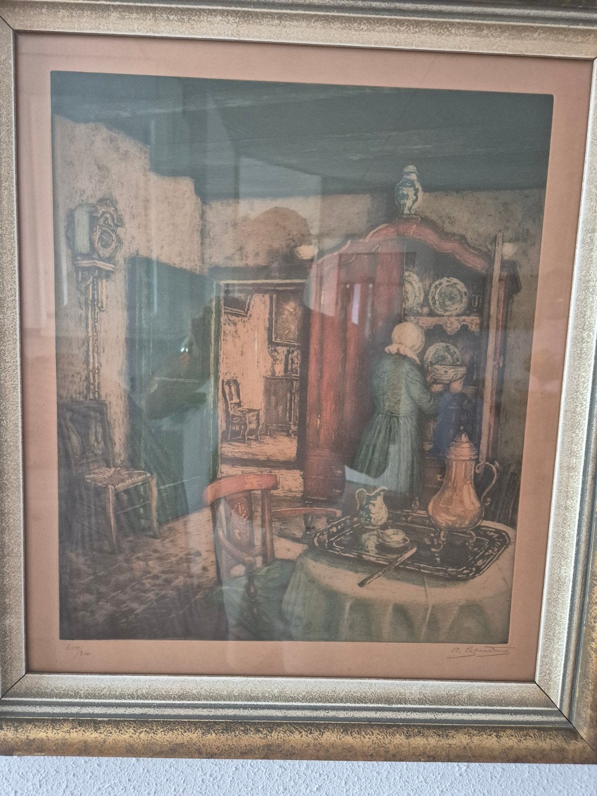 Albert Geudens - Kleurets - Interieur met figuur, Antiek en Kunst, Kunst | Etsen en Gravures, Ophalen