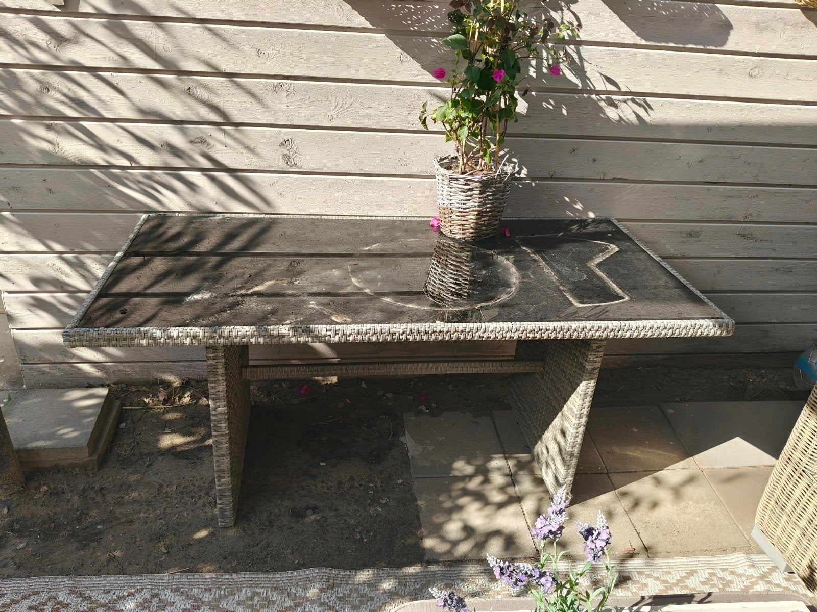 Tuintafel met glasplaat - Wicker look, Tuin en Terras, Tuintafels, Ophalen, Gebruikt, Rechthoekig, Wicker