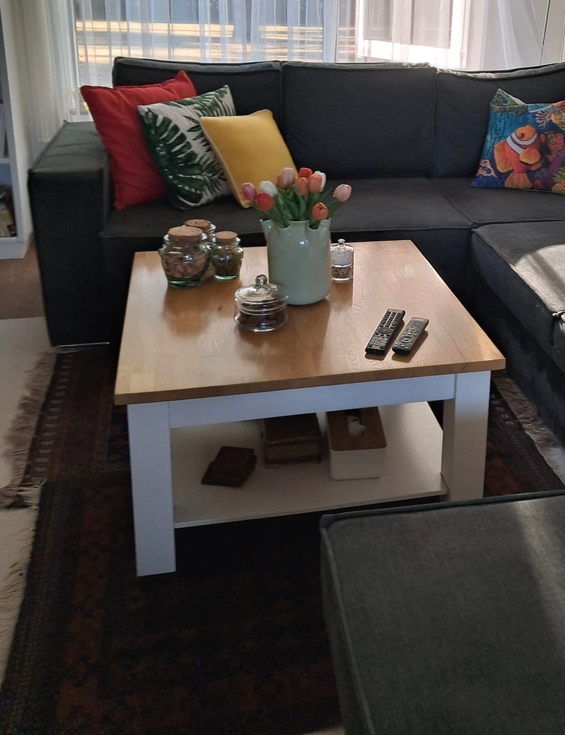 Salontafel- Hout en wit, Ophalen, 50 – 75, Gebruikt, 100 tot 150 cm