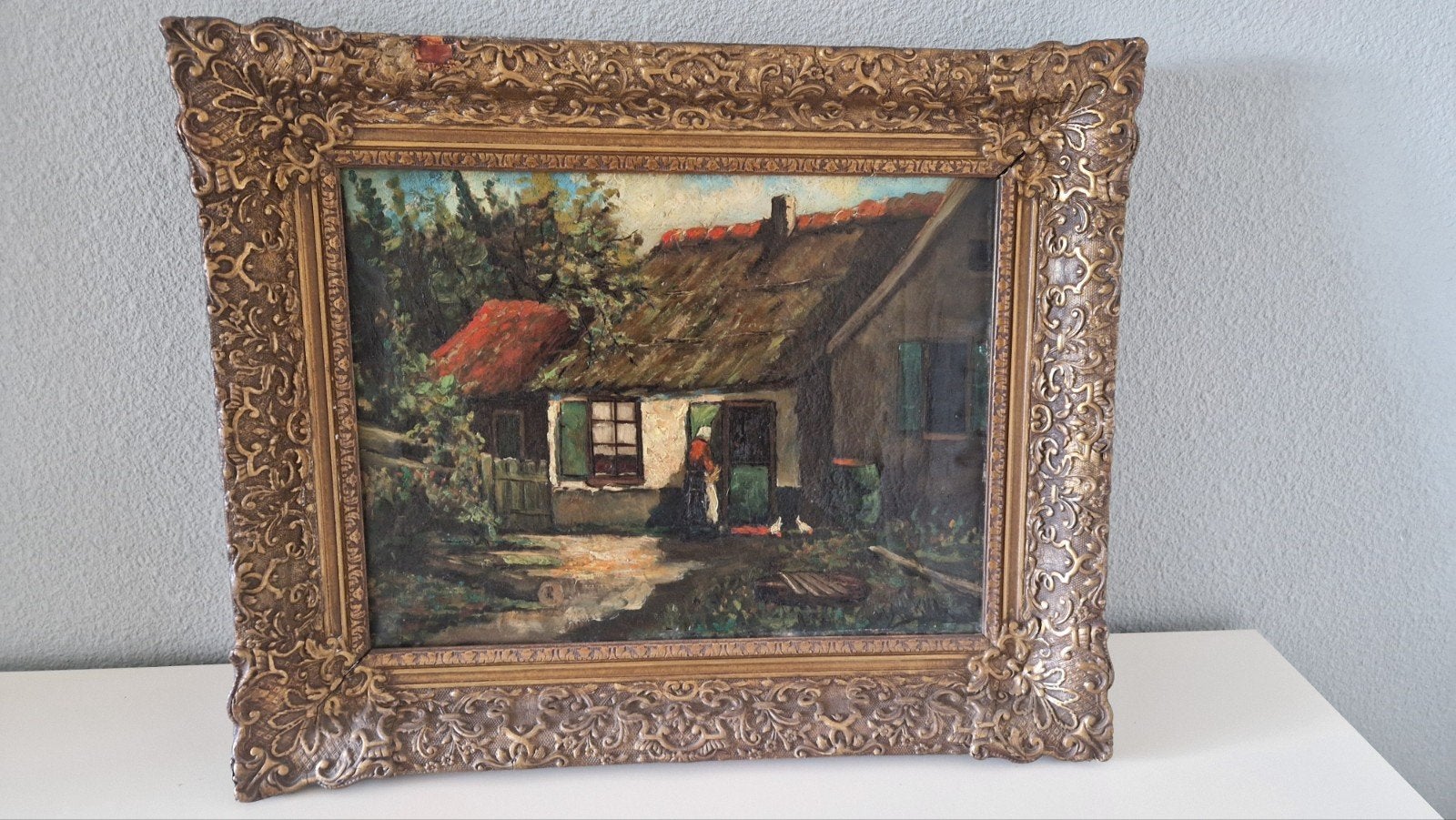 Oud schilderij: Boerderij met vrouw en kippen, Ophalen