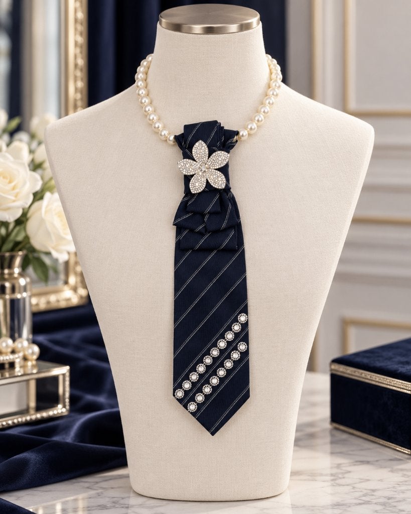 Elegante stropdas ketting met broche/ketting– dames sieraad, Verzenden, Zo goed als nieuw, Blauw, Overige materialen