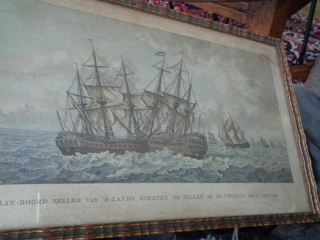 antieke gravure van  schepen de Pallas en de Vrijheid, Ophalen of Verzenden