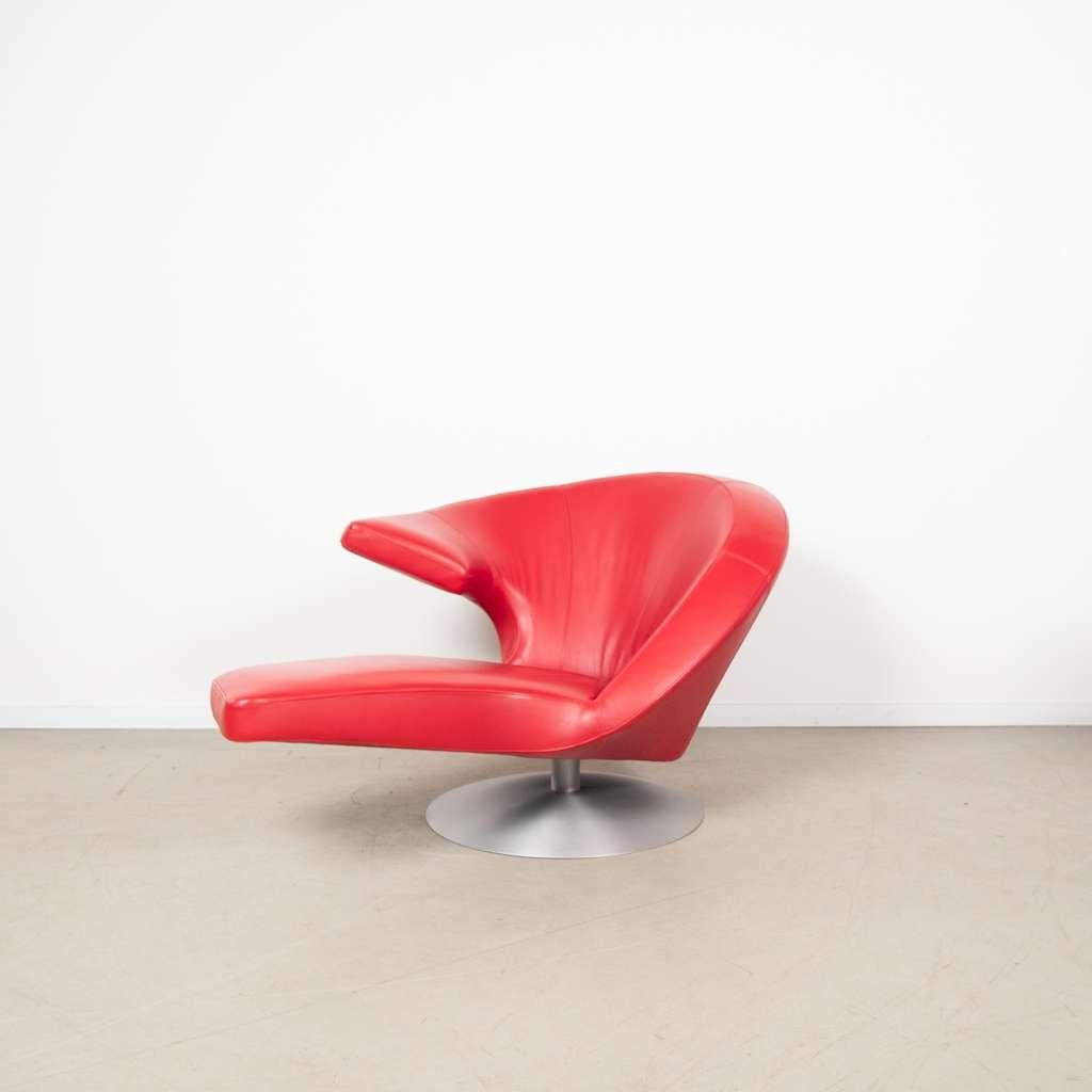 1x Leolux Parabolica Fauteuil Rood Leer, Niet ingevuld, 100 tot 125 cm, Niet ingevuld, Zo goed als nieuw