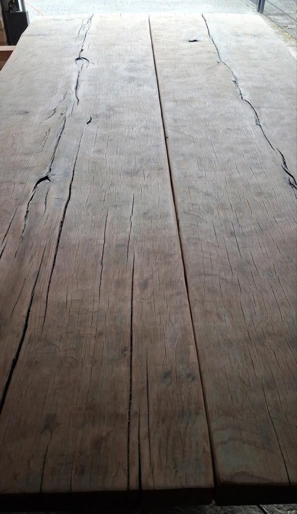 Rustiek 5 dik massief eiken tafel met x poten, Ophalen of Verzenden, Rechthoekig, Hout