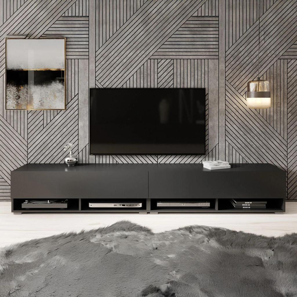 Moderne zwevende tv-meubel, zwart, 200 cm breed, Ophalen, Kunststof, Zo goed als nieuw, 200 cm of meer