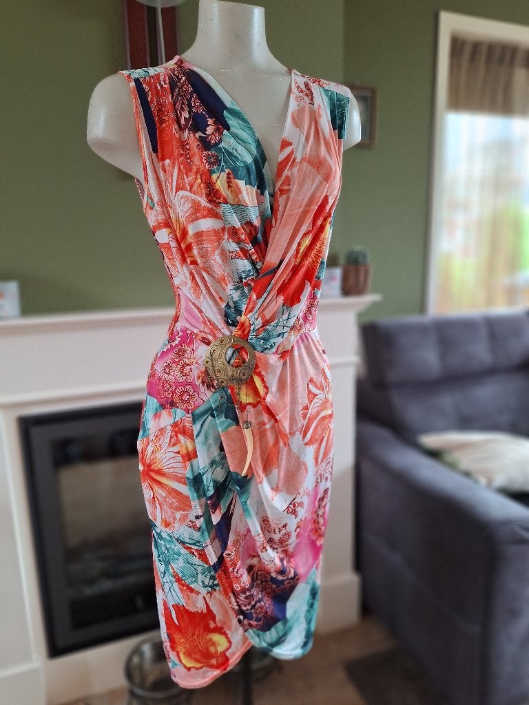 Orna Farho gedrapeerde zomerjurk met heupdetail FR 40 /NL 38, Kleding | Dames, Maat 38/40 (M), Onder de knie, Meerkleurig, Verzenden
