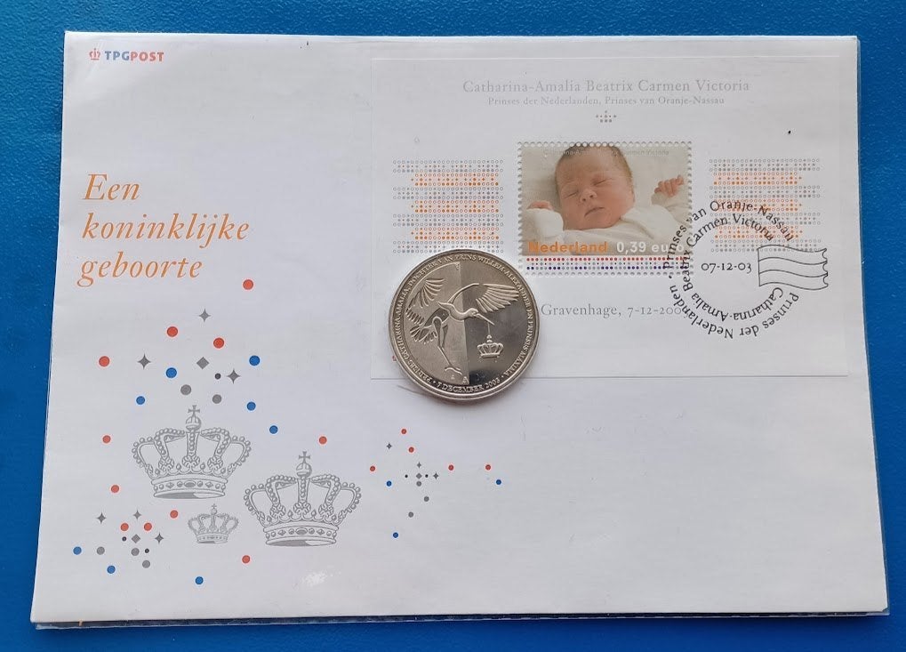 FDC Koninklijke geboorte Prinses Amalia 2003 met penning, Verzenden, Overige materialen, Nederland