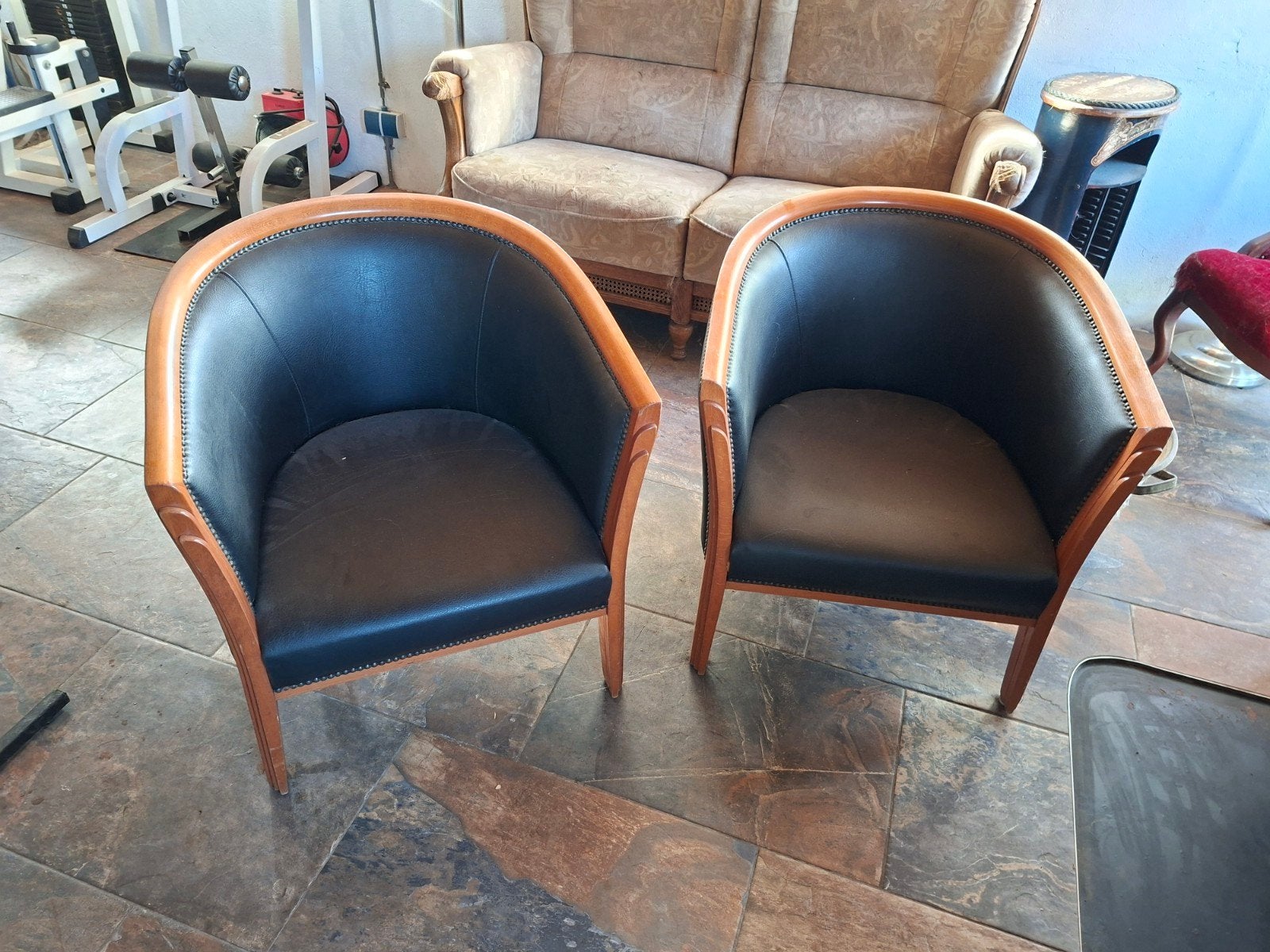Gratis setvan 3 vintage fauteuils met zwart lkunstleer en ho, Ophalen, Gebruikt, Minder dan 75 cm, 50 tot 75 cm