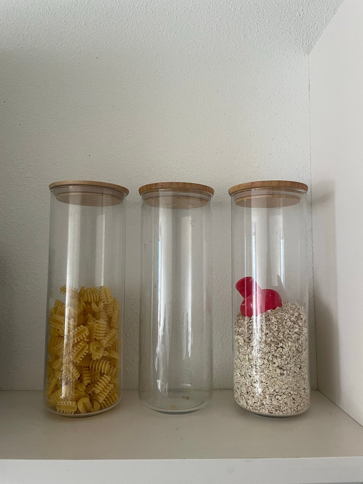 Set van 3 IKEA glazen voorraadpotten met bamboe deksel, Huis en Inrichting, Ophalen, Zo goed als nieuw, Glas