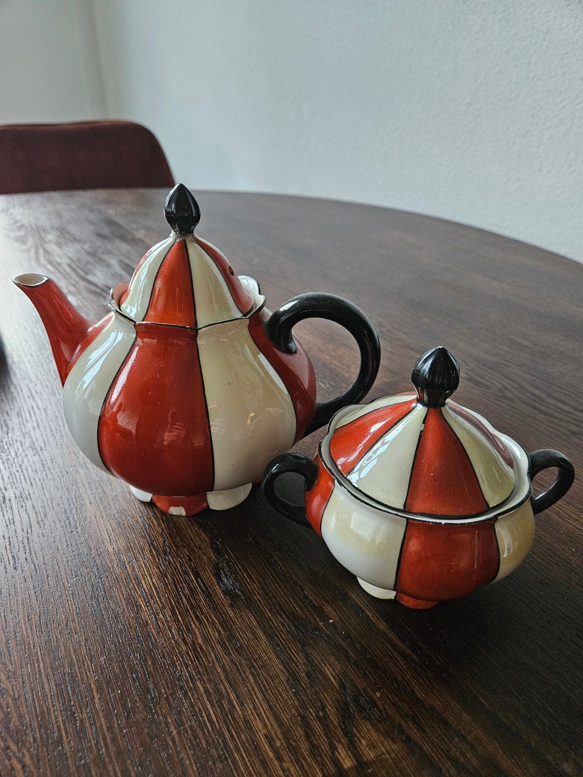 Vintage theepot en suikerpot set - rood/wit gestreept, Ophalen of Verzenden