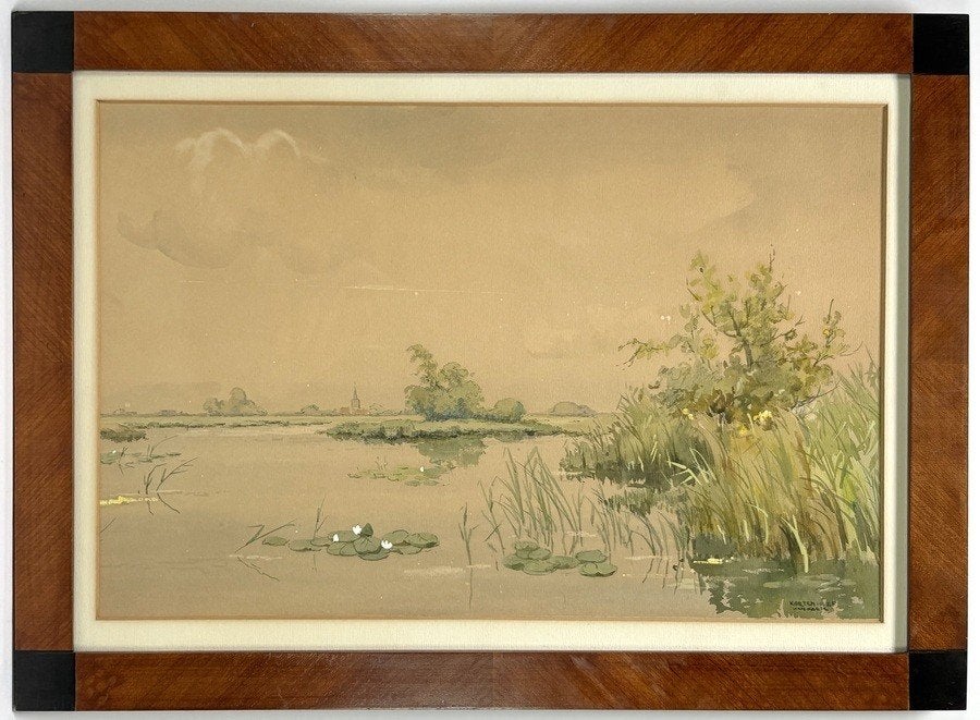 217. Aquarel Jan Kagie – polderlandschap, 20e eeuw, Antiek en Kunst, Ophalen