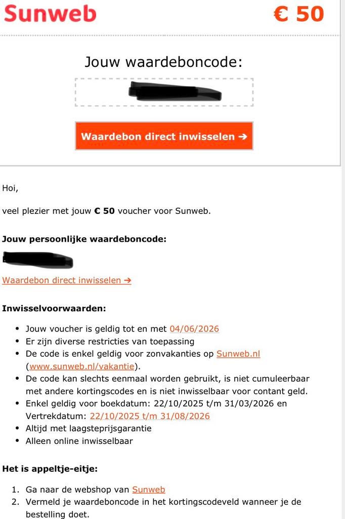 Sunweb korting 50 euro, Eén persoon, Kortingsbon