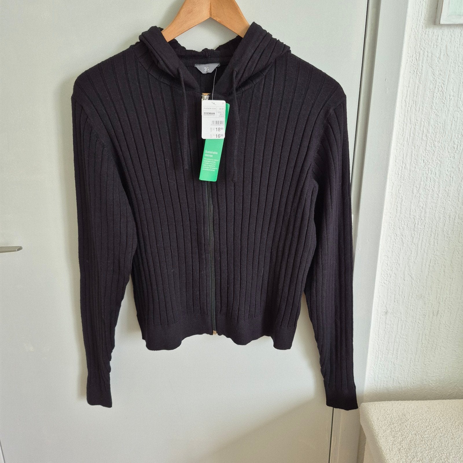 Nieuw Zwart Rib Vest met Capuchon - Maat 36, Zeeman, Zwart, Nieuw, Ophalen of Verzenden