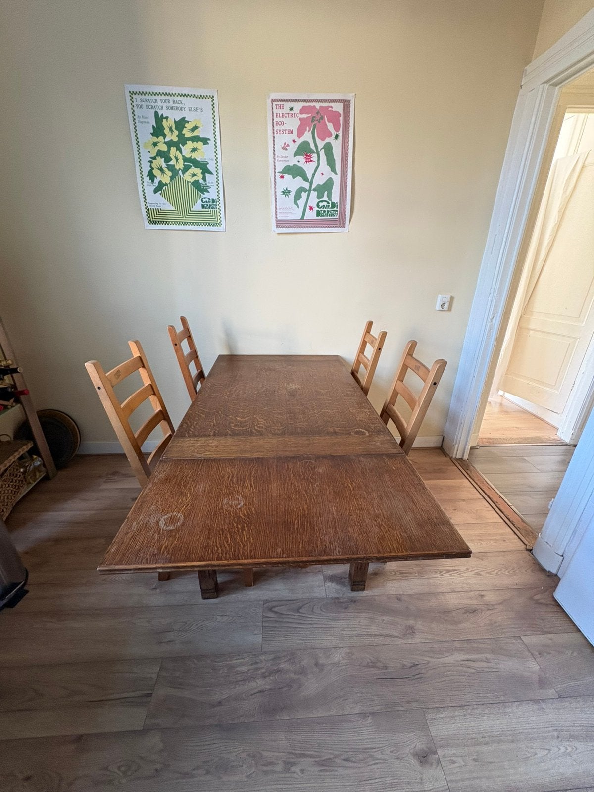 Houten eettafel en stoelen, Huis en Inrichting, Tafels | Eettafels, Ophalen, Gebruikt, 200 cm of meer, 50 tot 100 cm