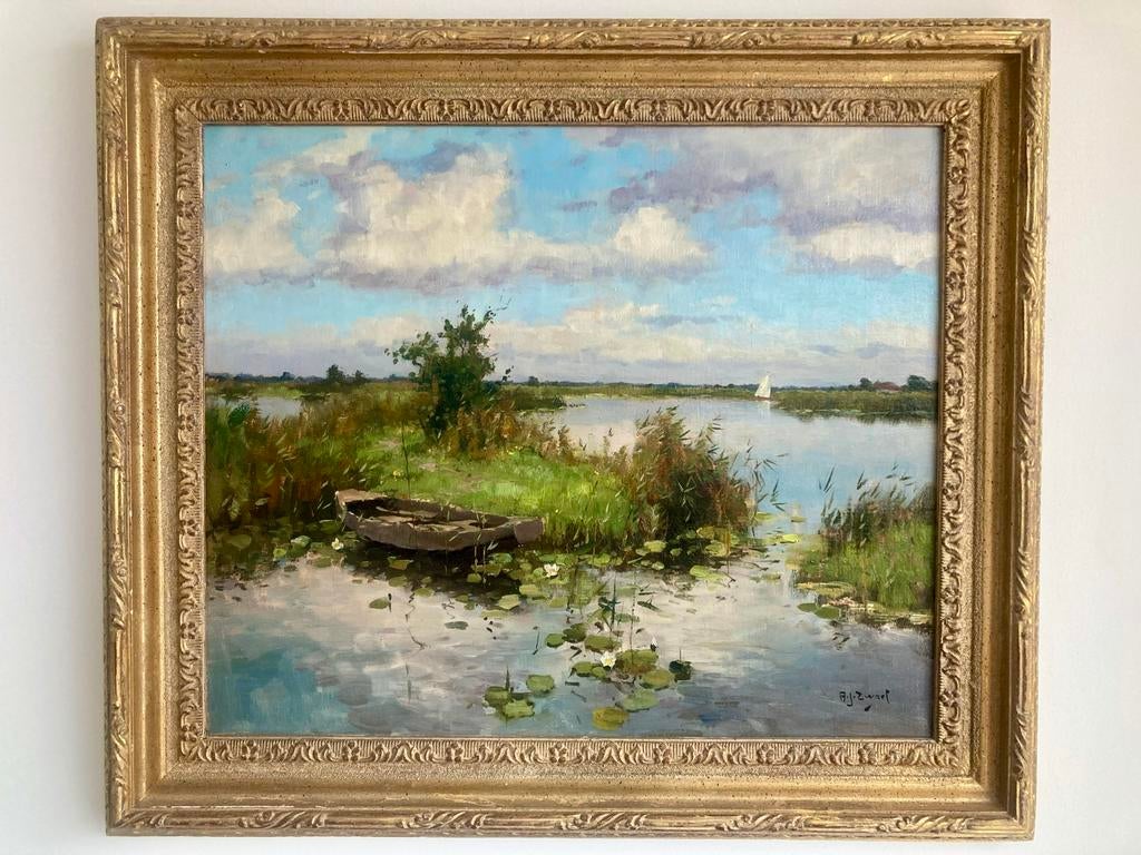 A.J. Zwart - zeilen op de plassen bij Nieuwkoop, Antiek en Kunst, Ophalen of Verzenden
