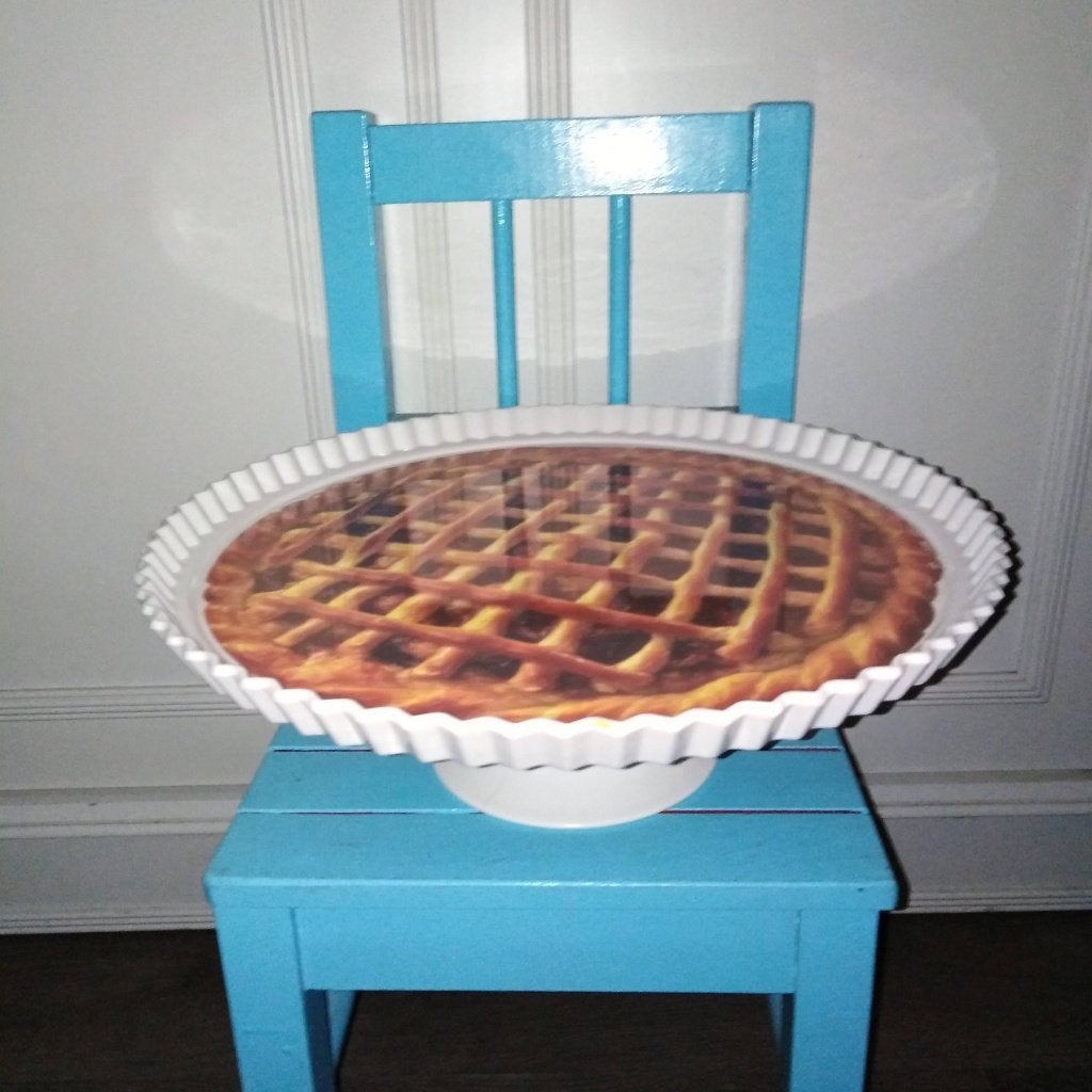 Leuke taartschaal op voet met appeltaart print kunststof, Ophalen, Overige materialen, Gebruikt, Schaal of Schalen