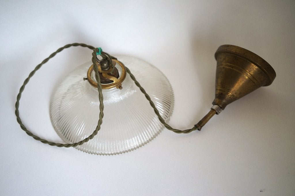 vintage antiek holophane hanglamp glas ribbel stof snoer g., Gebruikt, Textiel, Vintage antiek, E27 (groot)