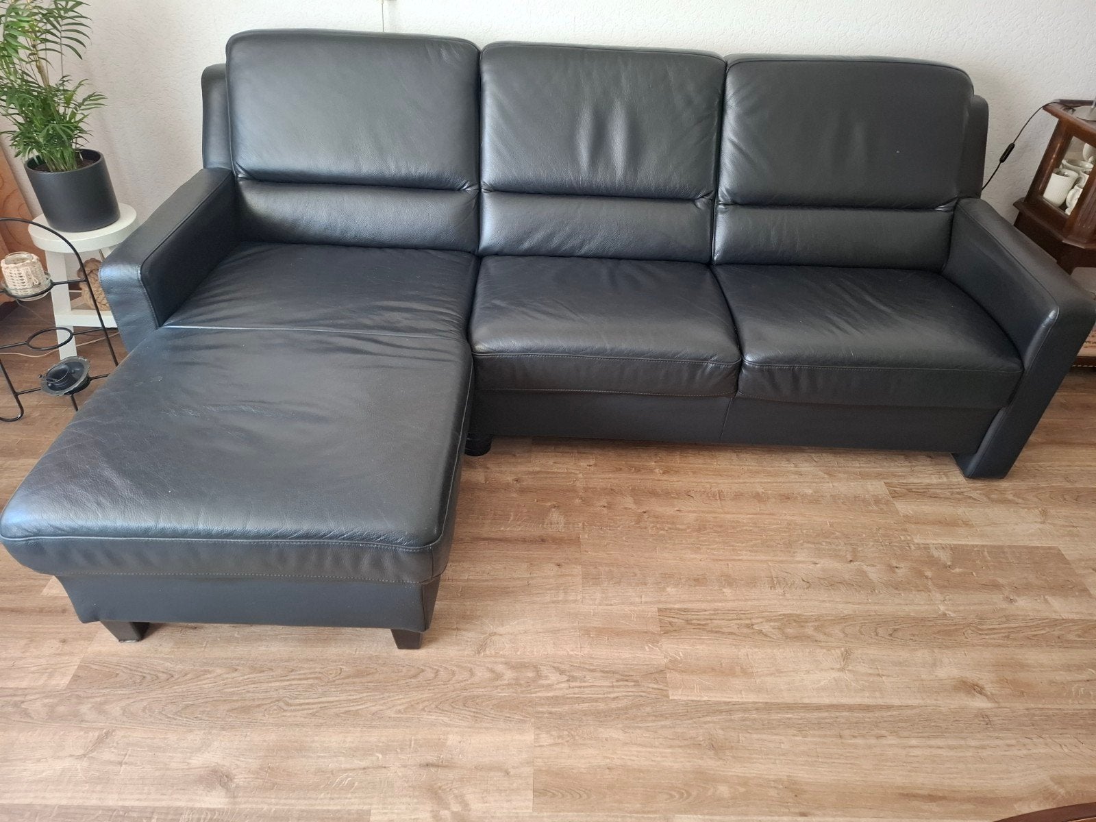 Zwart leren 3 zits hoekbank., Huis en Inrichting, Ophalen, Gebruikt, Leer